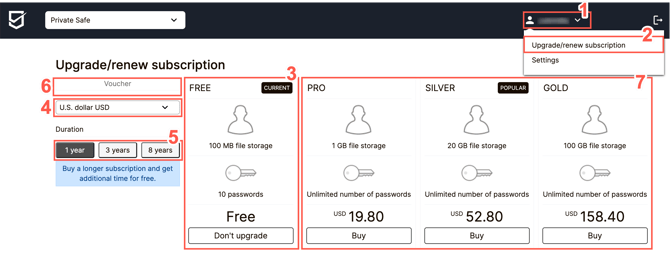 The subscription management overview within your SecureSafe allows you to choose the subscription plan and length of subscription term that best suits your needs.
