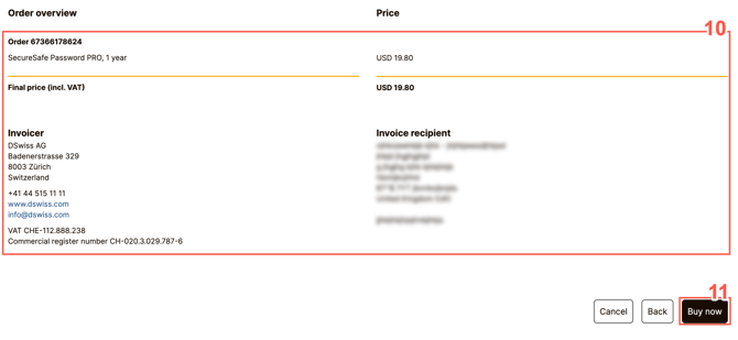 Before completing your SecureSafe subscription upgrade, check the order overview that is shown on the screen.