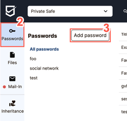 Within the Passwords category panel, click "Add Password" to add a new password to your SecureSafe.