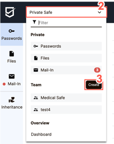 The dropdown menu for safes allows you access the page to create a new team safe.