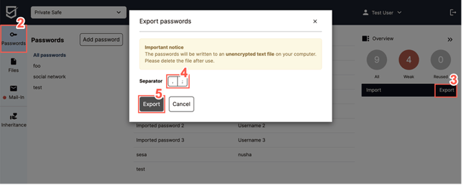 From the "Export passwords" window you can select what type of separator you wish to be used for your CSV export file.