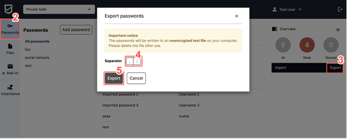 From the "Export passwords" window you can select what type of separator you wish to be used for your CSV export file.