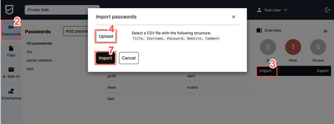 To import multiple passwords at once, use the "Import" function, located in the Overview sidebar in the SecureSafe web application.