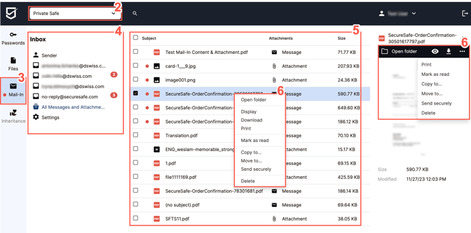 The Mail-In tab not only allows you to monitor your Mail-In inbox. It also gives you access to the following actions: Open folders, display, download or print files, mark files as unread, move, copy or delete files, and send files securely through SecureSend.