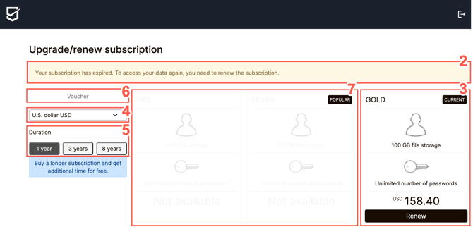 The renewal overview within your SecureSafe allows you to renew your current subscription or upgrade it to a higher subscription type.