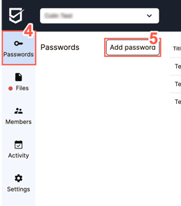 Within the "Passwords" categories panel, simply click on the "Add password" button to add a new password to your team safe.