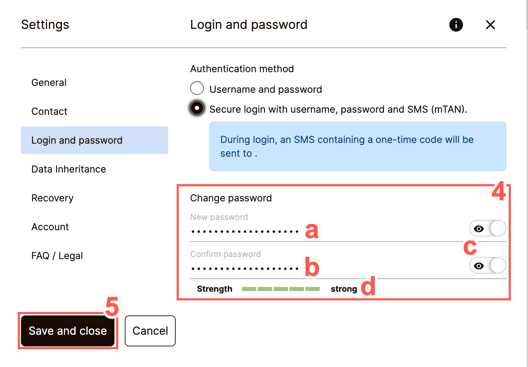 In the SecureSafe Login Settings, you can change your current password and create a new one.