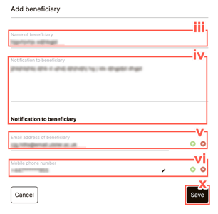 Populate all the fields under "Add beneficiary" to add a beneficiary to your data inheritance. You can also add a bespoke note in this section.