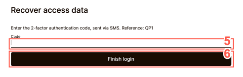 If you have enabled two-factor authentication, a unique code will be sent to your mobile phone via text message. Simply enter this code into the designated Code field when prompted on the Recover access data window.