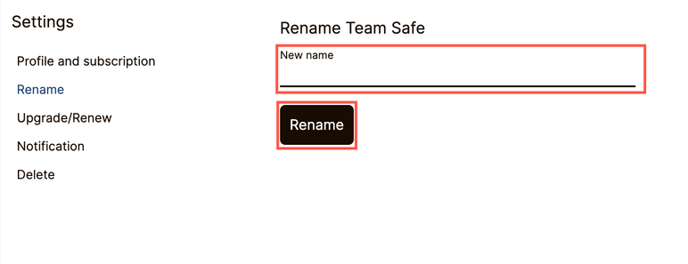 To rename your team safe, enter the new name in the designated field and confirm by clicking on "Rename".