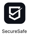 The SecureSafe application logo is a white stylised S which forms a shield.