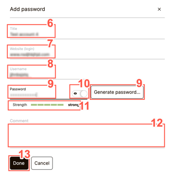 Populate all the fields in the "Add password" window.