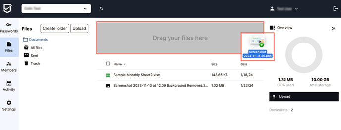 When uploading a file to your team safe through drag and drop, simply drag the selected file(s) to the main window of your SecureSafe application. As you do this, a designated box will appear in the main window for you to drop your files into.