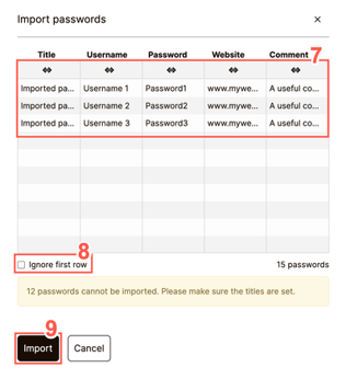 The import passwords review window allows you to review your passwords before importing them.