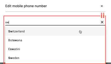 The location dropdown is automatically expanded, allowing you to easily select the country where your mobile phone is registered.