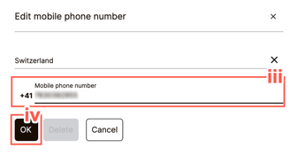 Enter the recipient's mobile phone number in the designated field labeled Mobile phone number, then verify the changes by clicking on the OK button.