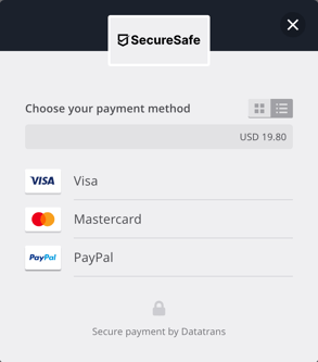 Choose among secure payment methods to finalise SecureSafe account creation.