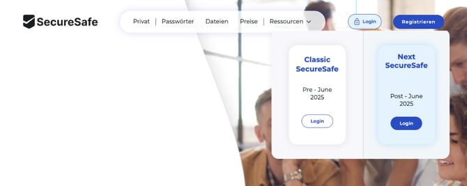Über die Schaltfläche "Login" loggen sich User:innen von SecureSafe Next ganz leicht in ihren Account ein.