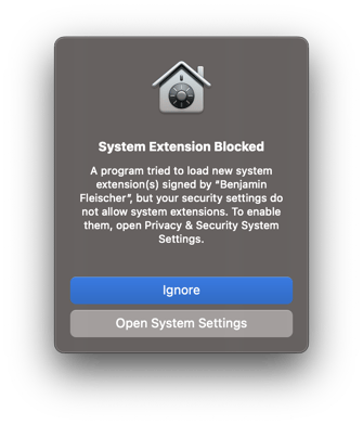 When the prompt "System Extension Blocked" is displayed, click on the "Open System Settings" button to open the Privacy & Security settings.