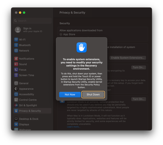 In order to modify your security settings in the Recovery environment, click on "Shut Down", then press and hold the Touch ID or power button of your device.