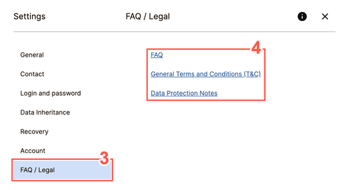The "FAQ/Legal" tab in the settings allows you to access the SecureSafe help center as well as our legal documentation.