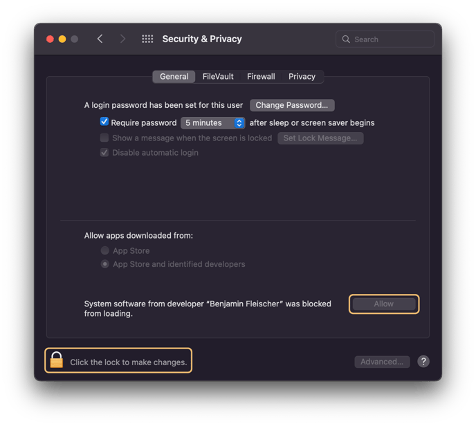 A notification will be displayed, informing you that system software from developer "Benjamin Fleischer" was blocked from loading. After clicking on the lock, click on the corresponding "Allow" button.