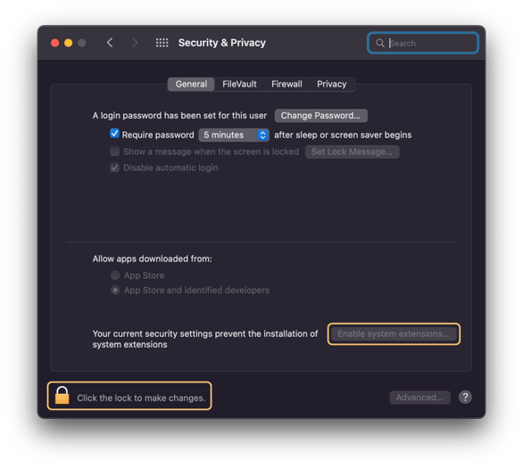 To make changes to the security settings of your device, click on the lock and enter your login credentials. Next, click on the "Enable system extensions..." button.