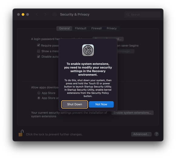 In order to modify your security settings in the Recovery environment, click on "Shut Down", then press and hold the Touch ID or power button of your device.