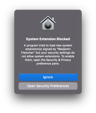 When the prompt "System Extension Blocked" is displayed, click on the "Open System Settings" button to open the Privacy & Security settings.