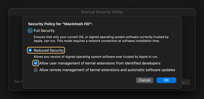 Within the Security Policy settings, select "Reduced Security" and tick the field "Allow user management of kernel extensions from identified developers".