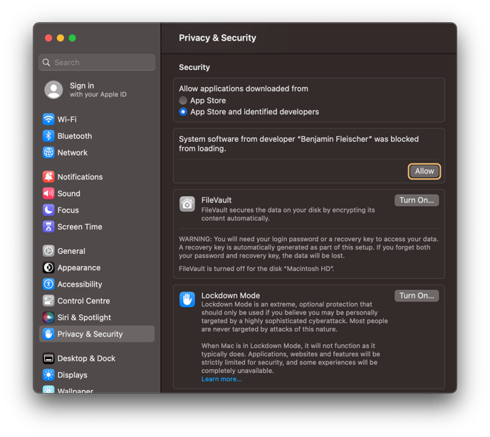A notification will be displayed, informing you that system software from developer "Benjamin Fleischer" was blocked from loading. Click on the corresponding "Allow" button.