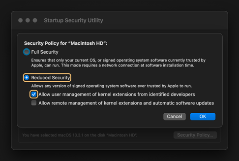 Within the Security Policy settings, select "Reduced Security" and tick the field "Allow user management of kernel extensions from identified developers".